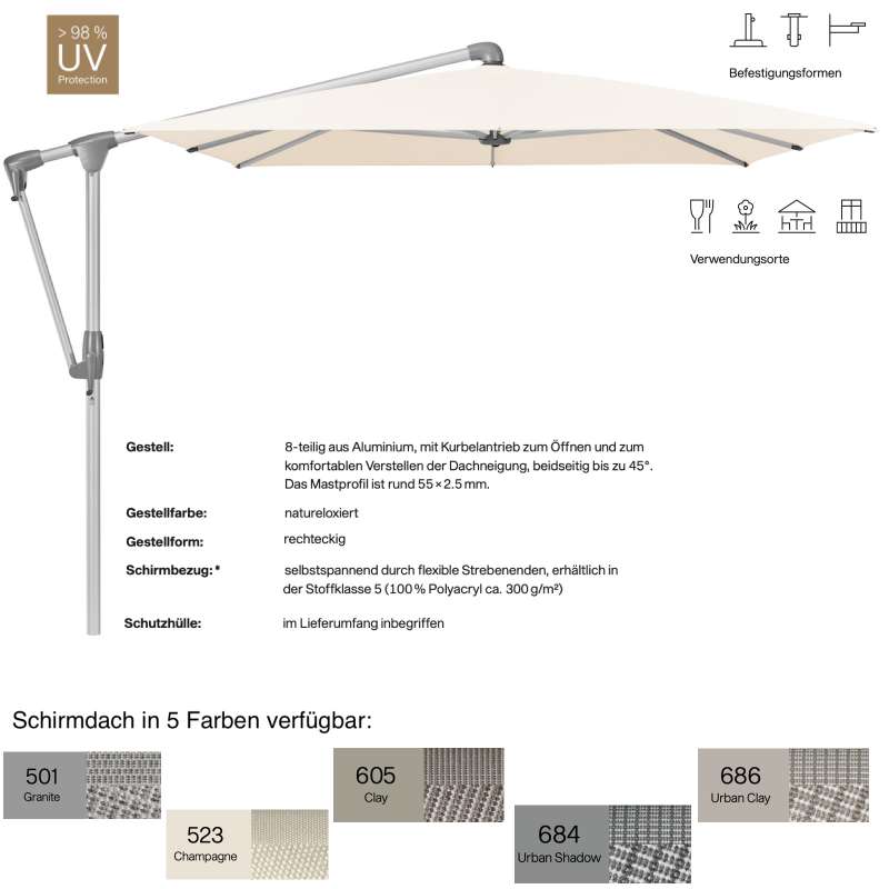 GLATZ Sonnenschirm SUNWING® CASA rechteckig 300 x 240 cm 5 Farben Stoffklasse 5 Ampelschirm