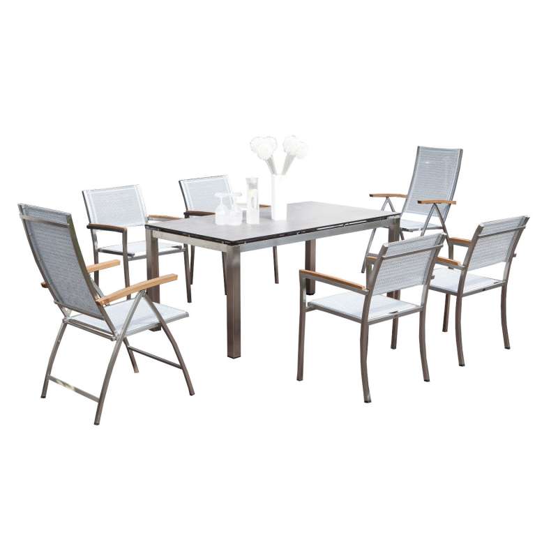 Sonnenpartner 7-teilige Sitzgruppe Paragon & Galaxy & Base 160x90 cm Edelstahl mit Textilen silber-g