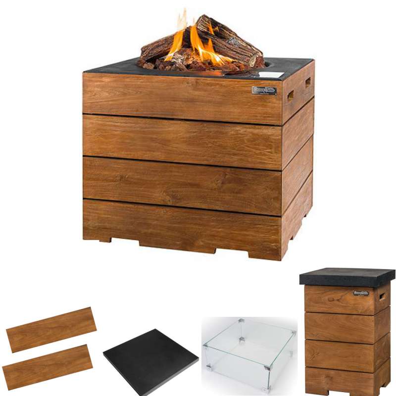 Happy Cocooning Mania Feuertisch Komplettset Lounge&Dining 19,5 kW quadratisch 76x76x67,5 cm Teakhol