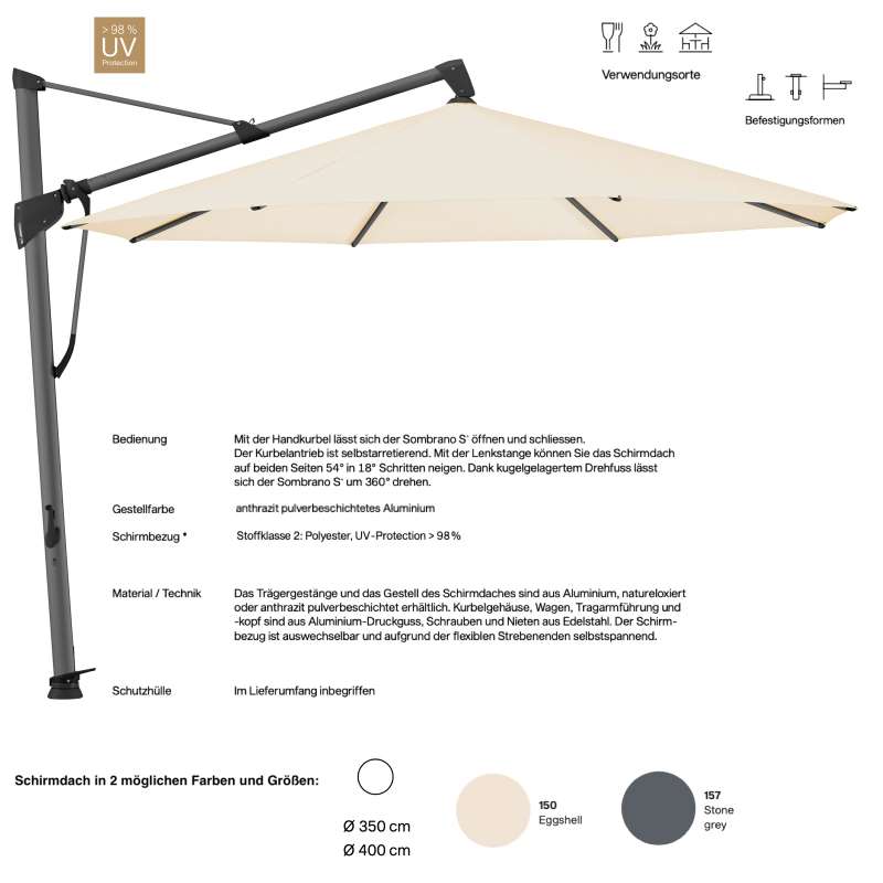 GLATZ Ampelschirm SOMBRANO® S+ easy rund ø 350 / ø 400 cm Stoffklasse 2 in 2 Farbvarianten