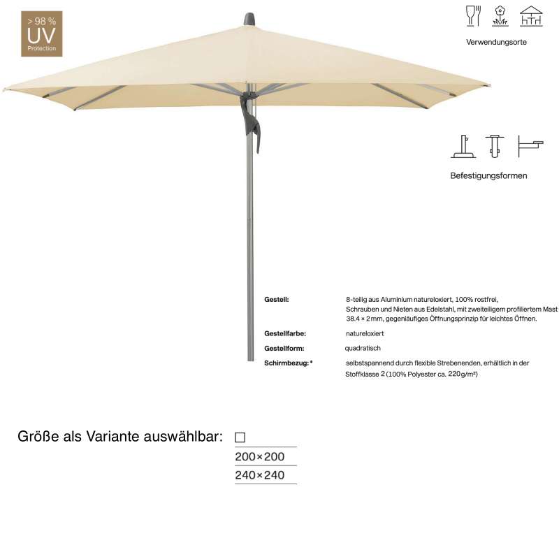 GLATZ Sonnenschirm FORTINO® easy quadratisch 200 x 200 / 240 x 240 cm Stoffklasse 2 Eggshell 150
