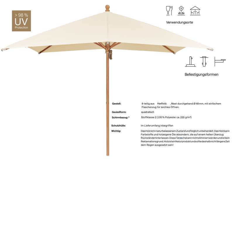 GLATZ Sonnenschirm PIAZZINO easy quadratisch 300 x 300 cm Farbe 150 Eggshell Mittelmastschirm