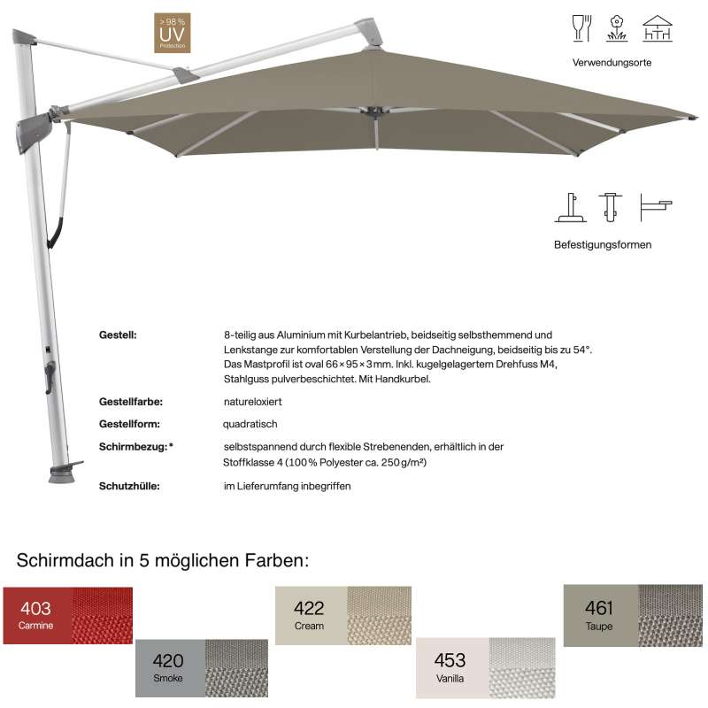 GLATZ Ampelschirm SOMBRANO® S+ quadratisch 350 x 350 cm in 5 Farben Sonnenschirm Stoffklasse 4