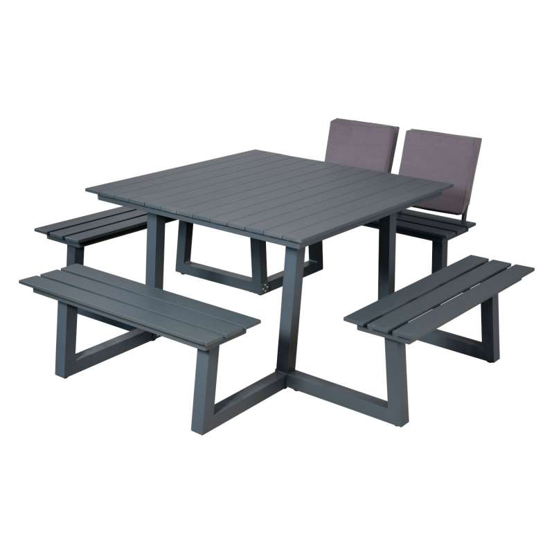 Inko Cebu Sitzgruppe Tisch mit 4 Bänken Aluminium graphit Picknickbank 218x230x87 cm