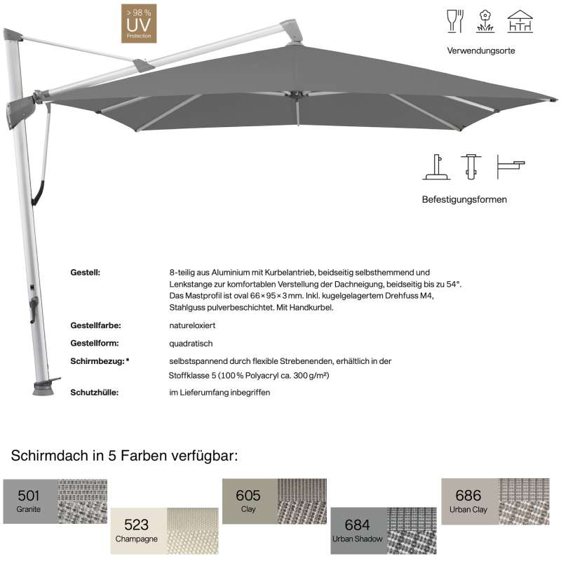 GLATZ Ampelschirm SOMBRANO® S+ quadratisch 350 x 350 cm in 5 Farben Sonnenschirm Stoffklasse 5