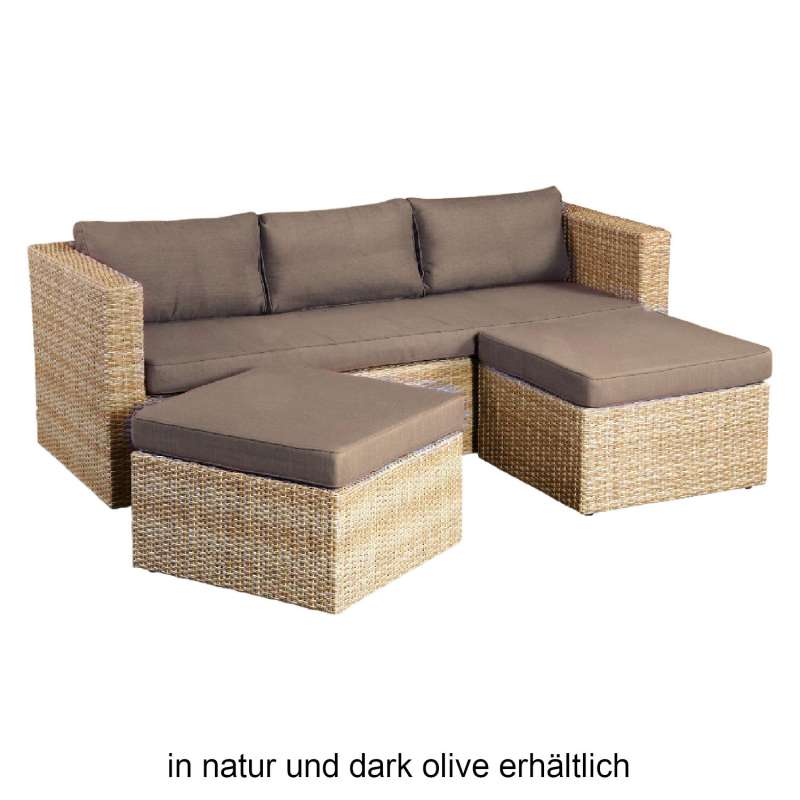 Inko 3-teilige Lounge-Sitzgruppe Mito Rattanoptik mit 2 Hockern dark olive/natur Loungegruppe