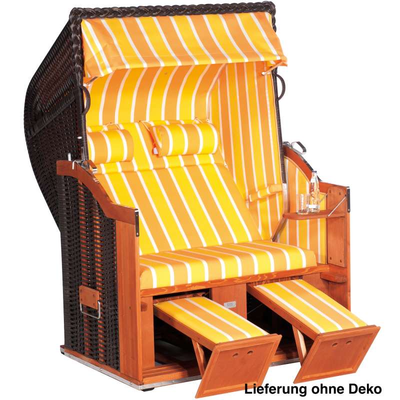 Sonnenpartner Strandkorb Classic 2 Sitzer Halbliegemodell cappuccino/gelb-orange mit 2 Nackenrollen