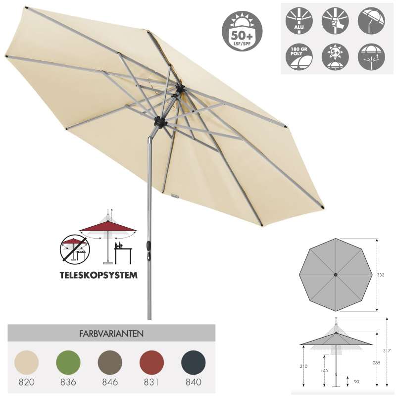Doppler Active Tele 340 Sonnenschirm 5 Farben ø 340 cm Teleskopfunktion Mittelmast 453568