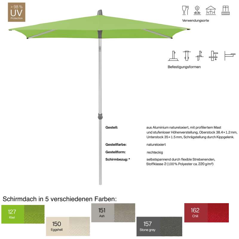 GLATZ Sonnenschirm ALU-SMART easy rechteckig 210 x 150 cm in 5 Farben Stoffklasse 2