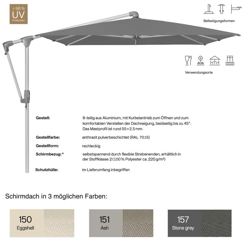 GLATZ Sonnenschirm SUNWING® CASA easy rechteckig 300 x 240 cm in 3 Farben Stoffklasse 2 Ampelschirm