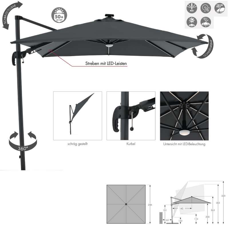 Doppler Ravenna AX 250 x 250 cm LED Sonnenschirm Pendelschirm anthrazit Ampelschirm 463253