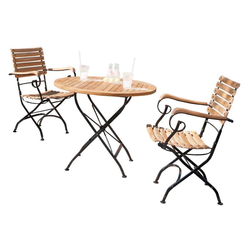 Sonnenpartner 3-teilige Sitzgruppe Oxford Ø 90 cm Teakholz und Eisen schwarz Gartentisch klappbar