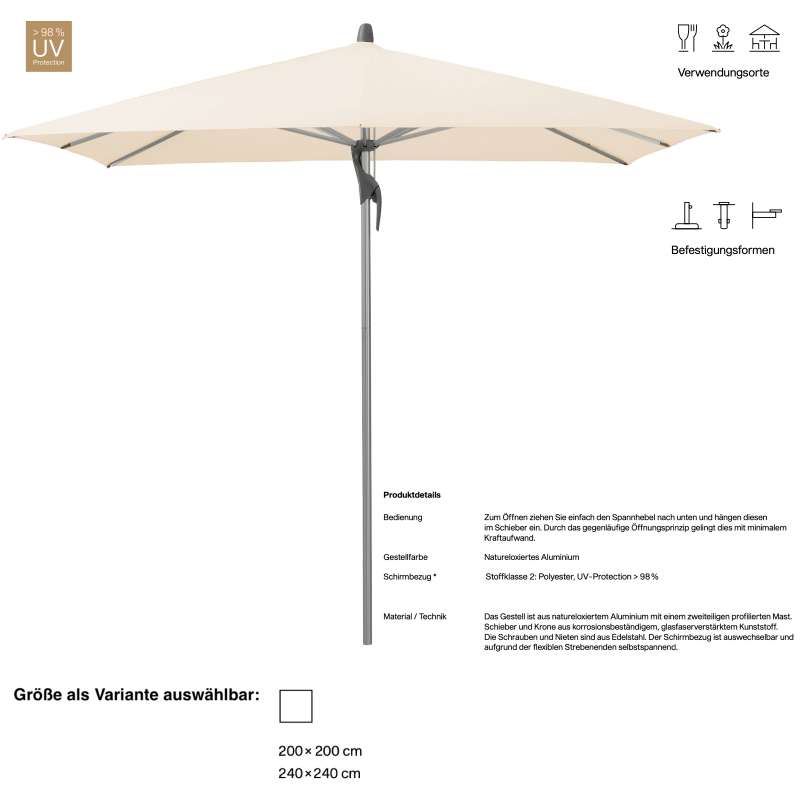 GLATZ Sonnenschirm FORTINO® Riviera easy quadratisch 200 x 200 / 240 x 240 cm Eggshell 150