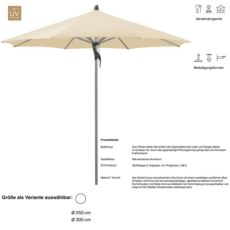 GLATZ Sonnenschirm FORTINO® Riviera easy rund ø 250 oder ø 300 cm Eggshell Mittelmastschirm