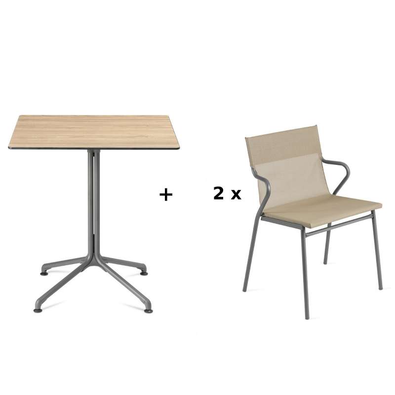 Lafuma Horizon Tisch-Set Loungetisch 70 x 70 cm inkl. 2 Loungestühle Noisette