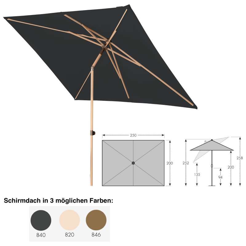 Doppler ACT WOOD Push Up Sonnenschirm 250 x 200 cm 3 Farben Mittelmastschirm Holz
