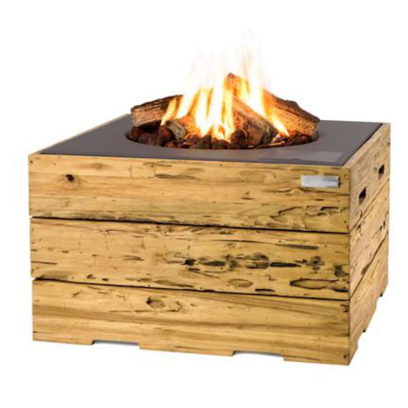Happy Cocooning Mania Feuertisch 19,5 kW quadratisch groß 76x76x46 cm Teakholz Driftwood/grau