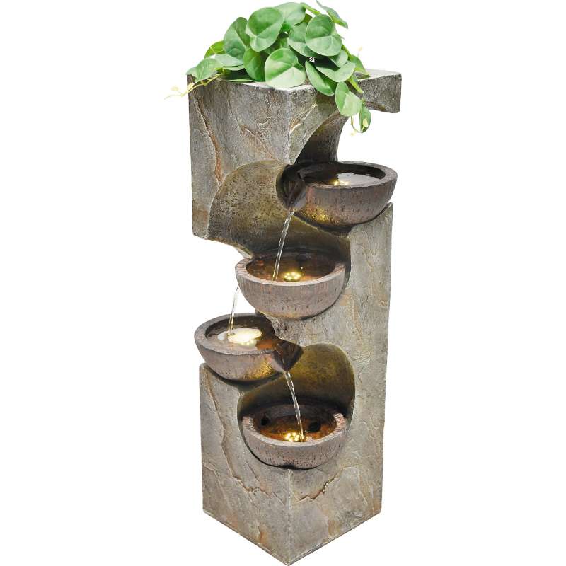 Granimex Joy Polystone 4-Eck-Wassersäule mit Überlaufschalen inkl. Pumpe und LED-Beleuchtung Wassers