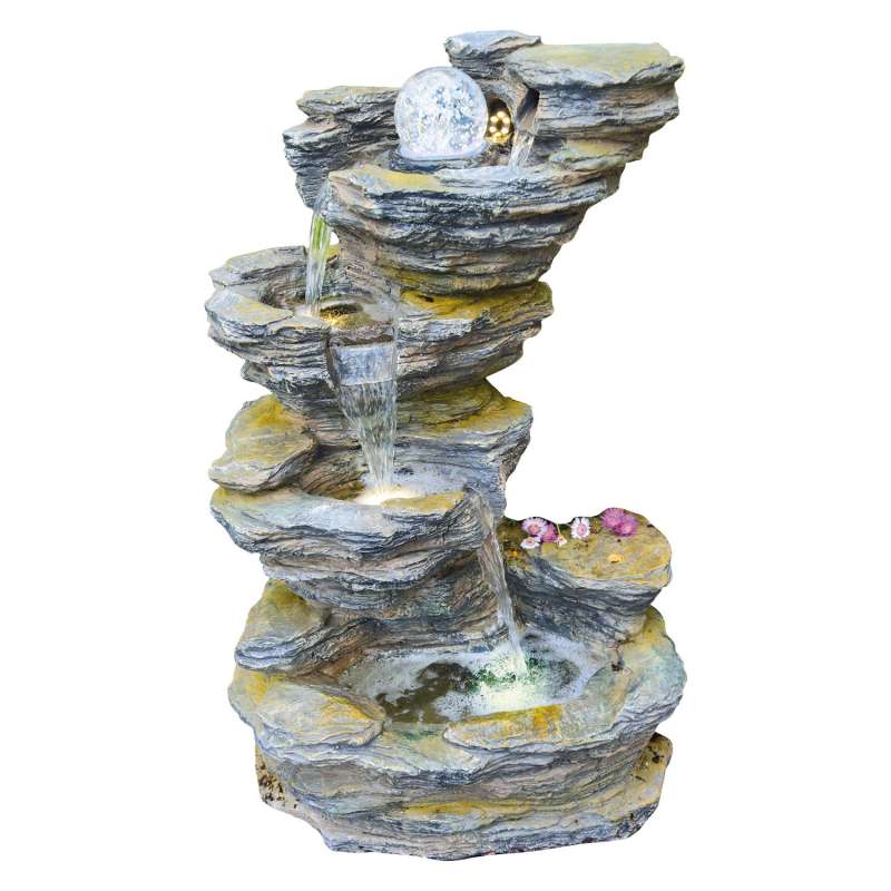 Granimex Fudong Polystone Schiefer-Wasserfall mit Glaskugel und LED Zierbrunnen Wasserspiel 86x54x42
